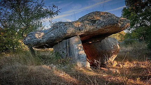 Pierre Levée - dolmen near Lentillac-du-Causse, Lot, France. Photographed in early morning, when the rising sun illuminates the interior through its east-facing entrance.